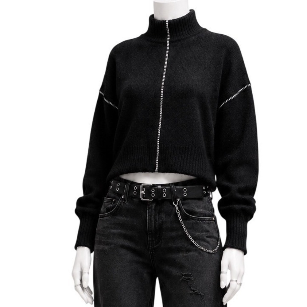 THOM KROM Angora Merino Blend Cropped Mock Neck Sweater Black White | Women's XS